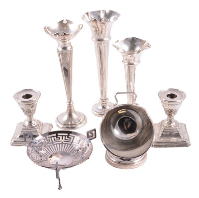 Lot 259 - Three silver spill vases, and a pair of Edwardian low candlesticks, etc.