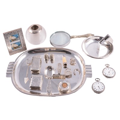 Lot 255 - SIlver vesters, silver pocket watches, silver thimbles, a plated Deco tray, plated vester and ashtray, etc