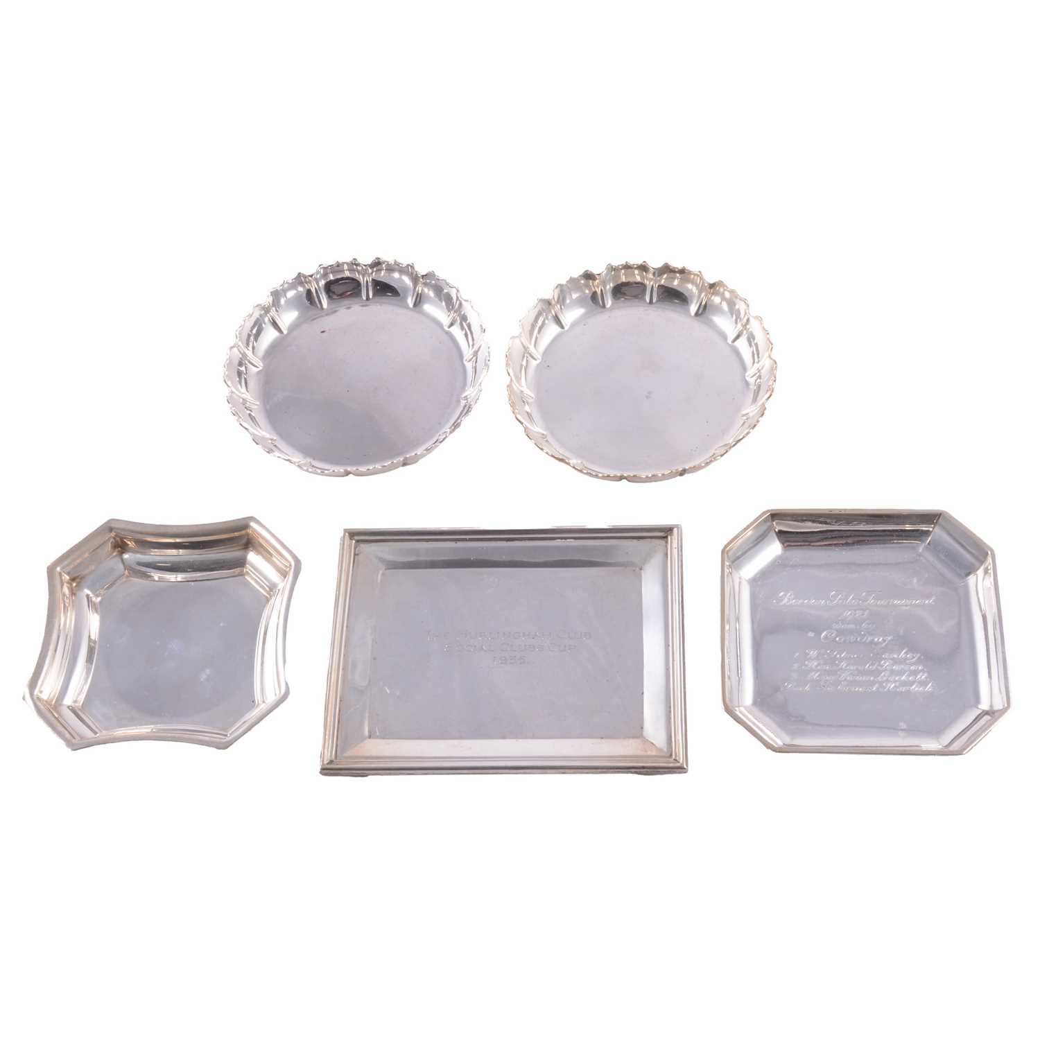 Lot 115 - Silver card tray, two coasters and two dishes