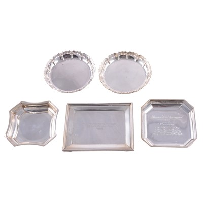 Lot 115 - Silver card tray, two coasters and two dishes