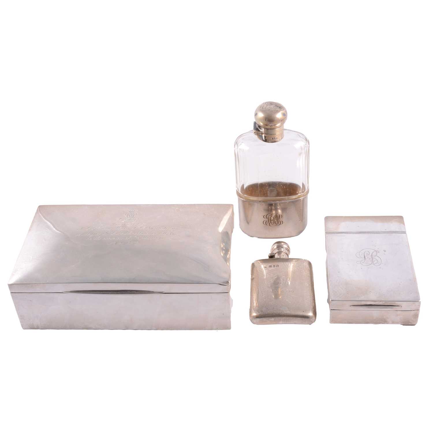 Lot 120 - Two silver cigarette boxes and two hip flasks