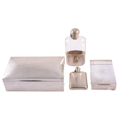 Lot 120 - Two silver cigarette boxes and two hip flasks