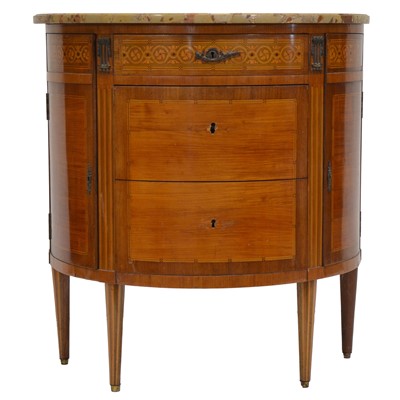 Lot 478 - Louis XVI style mahogany, satinwood and marquetry demi lune commode