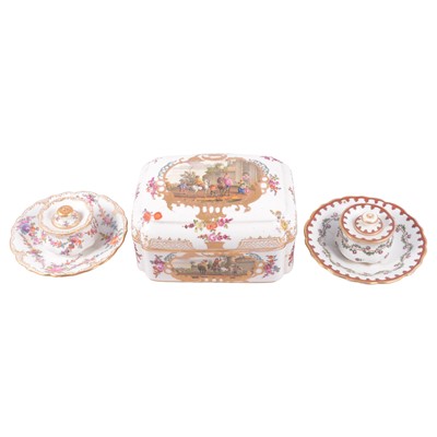 Lot 20 - Continental porcelain box, and two Dresden inkwells