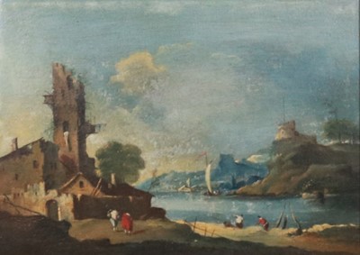 Lot 240 - Manner of Francesco Guardi, A capriccio of a rustic tower beside a lake