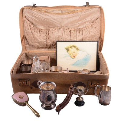 Lot 194 - A vintage suitcase with silver topped glass jars, print, dressing table set, silver-plated tankards.
