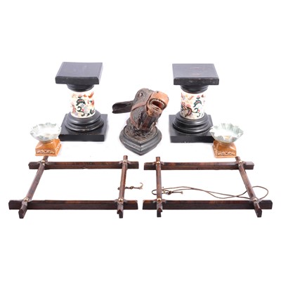 Lot 159 - Pair of Zslonay style table pedestals, Black Forest carved gong bracket, etc