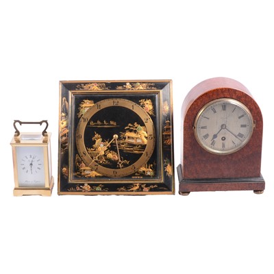 Lot 136 - Black chinoiserie strut clock, Metamec St James carriage clock and Maple of London shelf clock.