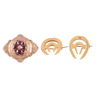 Lot 186 - A gemset In Memoriam brooch, and a pair of gilt metal good luck Somme 1916 brooches.