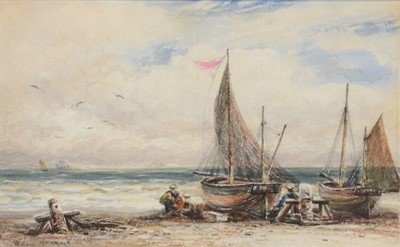 Lot 265 - James Orrock, Fishing Boats on the Sussex Coast, and Fishermen drying nets, pair of watercolours.