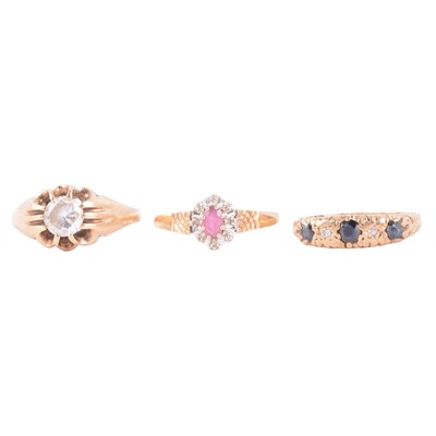 Lot 48 - Three gemset 9 carat gold rings.