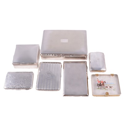 Lot 323 - Silver cigarette box, three silver cigarette cases, silver purse, painted cigarette case and plated cigarette box