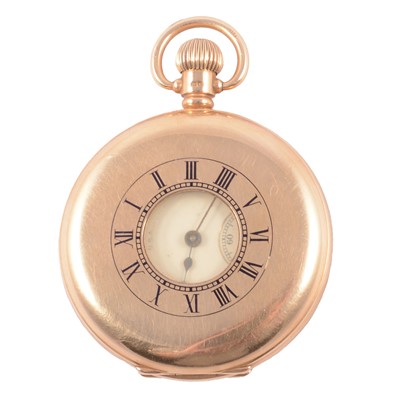 Lot 394 - Waltham USA - an 18 carat yellow gold half hunter pocket watch.
