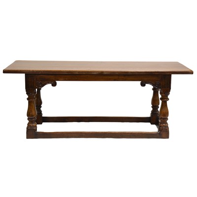 Lot 431 - Boarded oak refectory style dining table and six dining chairs
