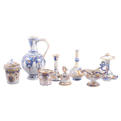 Lot 64 - Faience ewer; candlesticks; lidded pot; bell, vases, etc.