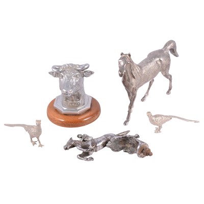 Lot 325 - Two car mascots, silver plated horse and two pheasant models