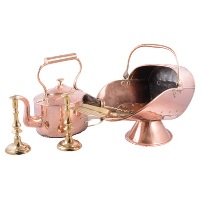 Lot 165 - Large Victorian copper kettle, copper coal scuttle, etc