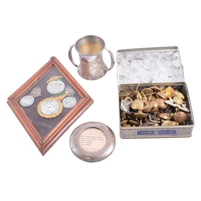 Lot 244 - Silver loving cup, frame, commemorative, medals, buttons, badges, flag, etc.