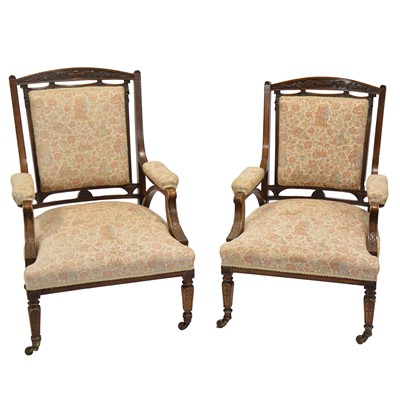 Lot 481 - Near pair of late Victorian walnut salon chairs