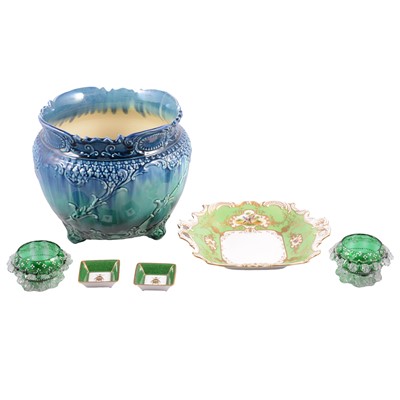 Lot 85 - Staffordshire pottery jardiniere, bee themed ceramics, Coalport serving dish and two plates