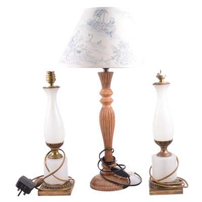 Lot 201 - Pair of brass and glass table lamps, modern table lamp, pair of mirrored wall lights