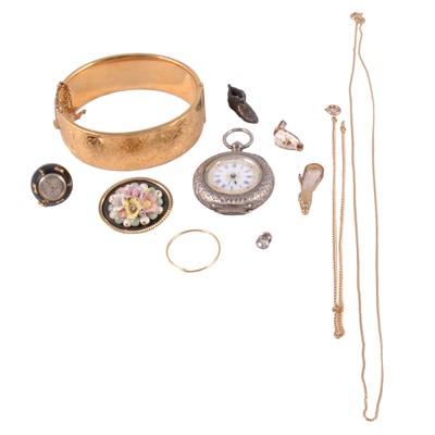 Lot 486 - Yellow metal and costume jewellery, white metal fob watch, and Lord - a pendant globe watch.