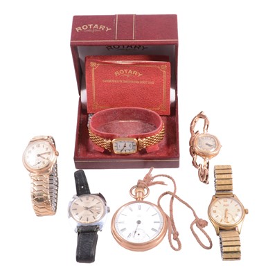Lot 285 - Two gold wristwatches, three other wristwatches, and a gold-plated pocket watch.