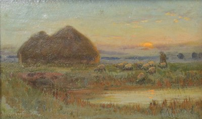 Lot 44 - Owen Baxter Morgan, Sheep in a landscape at dusk