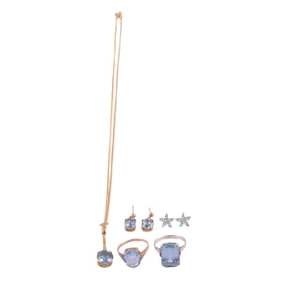 Lot 275 - A suite of synthetic blue spinel jewellery, pair of earrings and ring.