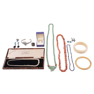 Lot 491 - Emerald and diamond earstuds, cultured pearl necklace, turquoise and other gemstone jewellery