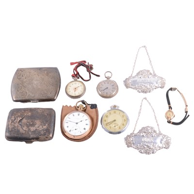 Lot 416 - Silver and other fob watches, 9 carat gold wristwatch, silver cigarette cases, decanter labels.