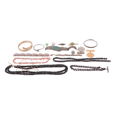 Lot 512 - Micro-mosaic jewellery, snake bangle, jadeite ring and other costume jewellery.