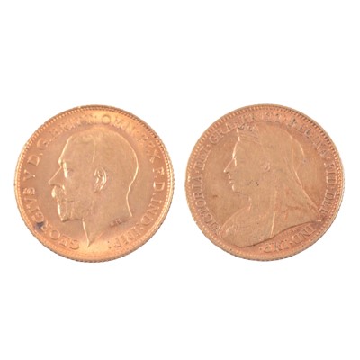 Lot 144 - Two Gold Half Sovereign Coins, Victoria Veiled Head 1897 and George V 1913.