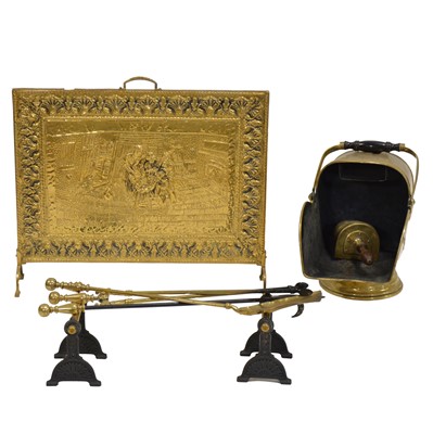 Lot 401 - Quantity of brass fireside furniture and firescreen