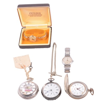 Lot 410 - Three pocket watches, a metal Albert watch chain, and two wristwatches.
