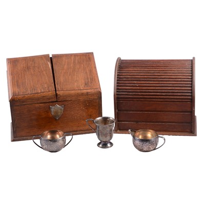 Lot 189 - Two Edwardian oak correspondence boxes, and small quantity of silver plate