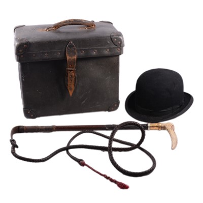 Lot 184 - Vintage Top Hat, Bowler, and a whip