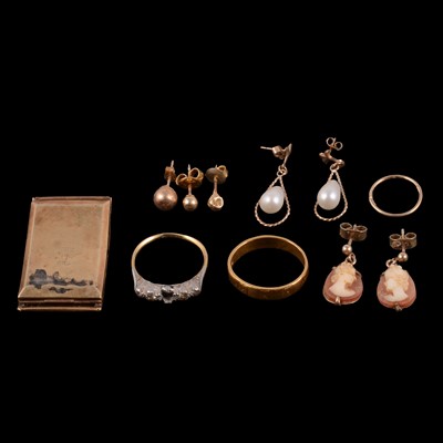Lot 153 - A gold wedding band, watch case, diamond ring, and gold / yellow metal earrings.