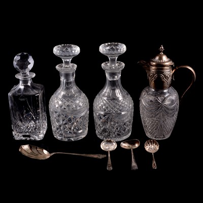 Lot 48 - Silver mounted claret jug, three glass decanters, small quantity of cutlery