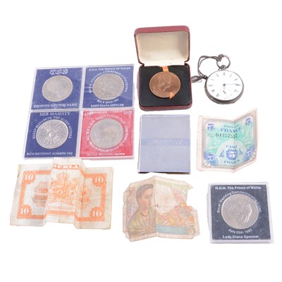 Lot 216 - Collection of British and overseas coins, some silver content, banknotes pocket watch, medallions.
