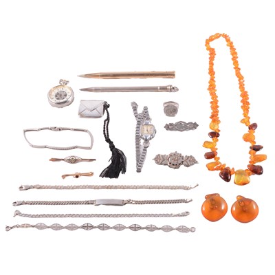 Lot 488 - Two yellow metal gemset brooches, silver jewellery, amber jewellery and watches.