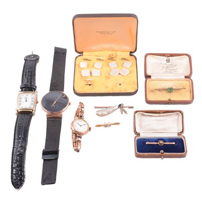 Lot 155 - Four gemset brooches, cased set of cufflinks and dress studs, and gold and other wristwatches.