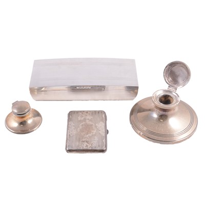 Lot 293 - Silver cigarette box, two silver inkwells, silver card case