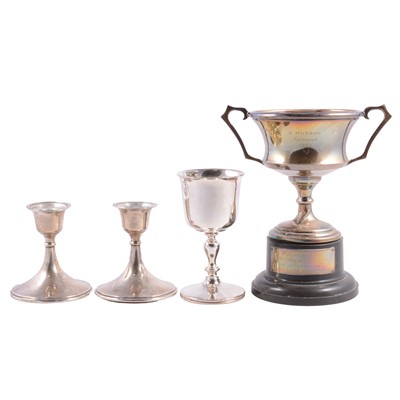Lot 297 - Silver trophy cup, silver goblet, pair of silver candlesticks