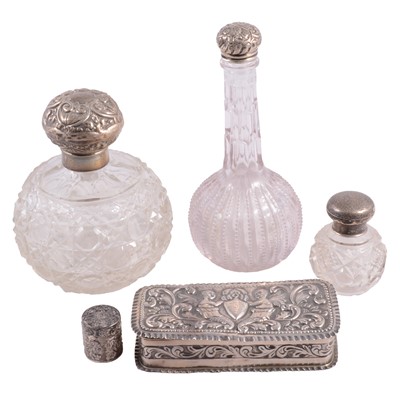Lot 291 - Silver box, silver pill box, three silver mounted bottles
