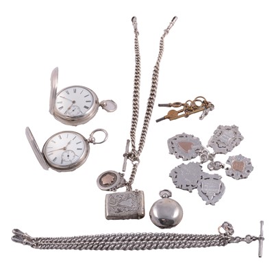Lot 319 - Two silver pocket watches, silver watch chains, fobs, vesta