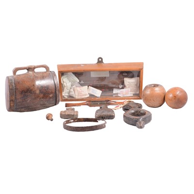 Lot 159 - Carved elm flagon, treen ware, and a cased display of Roman nails