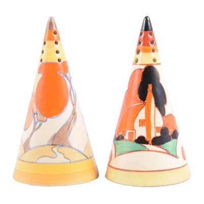 Lot 39 - Clarice Cliff, two conical sugar sifters