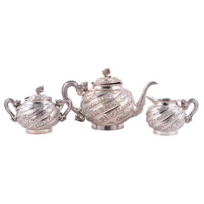 Lot 205 - Chinese white metal three piece teaset
