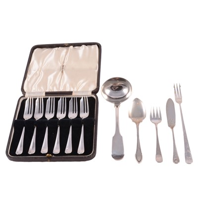 Lot 249 - Set of six silver cake forks, Cooper Bros & Son, Sheffield 1934, and other silver items.